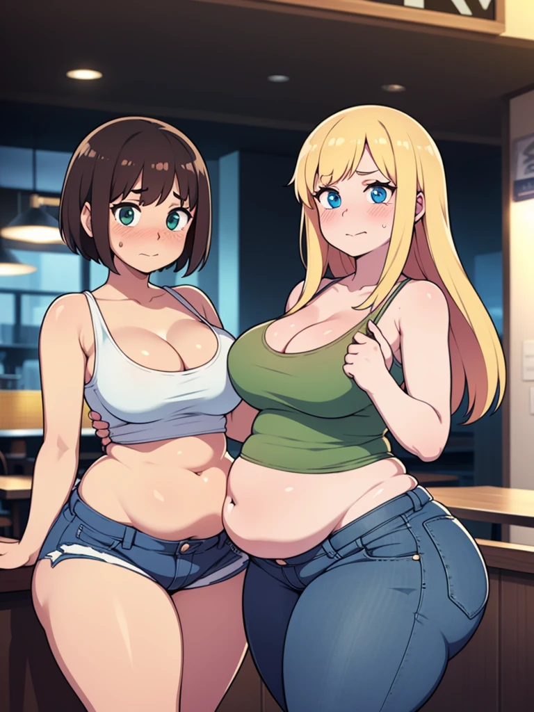 ((Masterpiece)), perfect anatomy, perfect shading, field of depth, (best quality), extremely delicate and beautiful, perfect lighting, detailed face, ultra cute face, cute, (2girls),
long fluffy blonde hair, blue eyes, ((blush)), nervous, looking at viewer, tank top, jeans, cleavage, medium breasts, ((thick thighs)), (wide hips), chubby,
short brown hair, green eyes, ((blush)), medium breasts, ((thick thighs)), (wide hips),
intricate background, detailed background, fast food restaurant, standing next to each other, belly grab