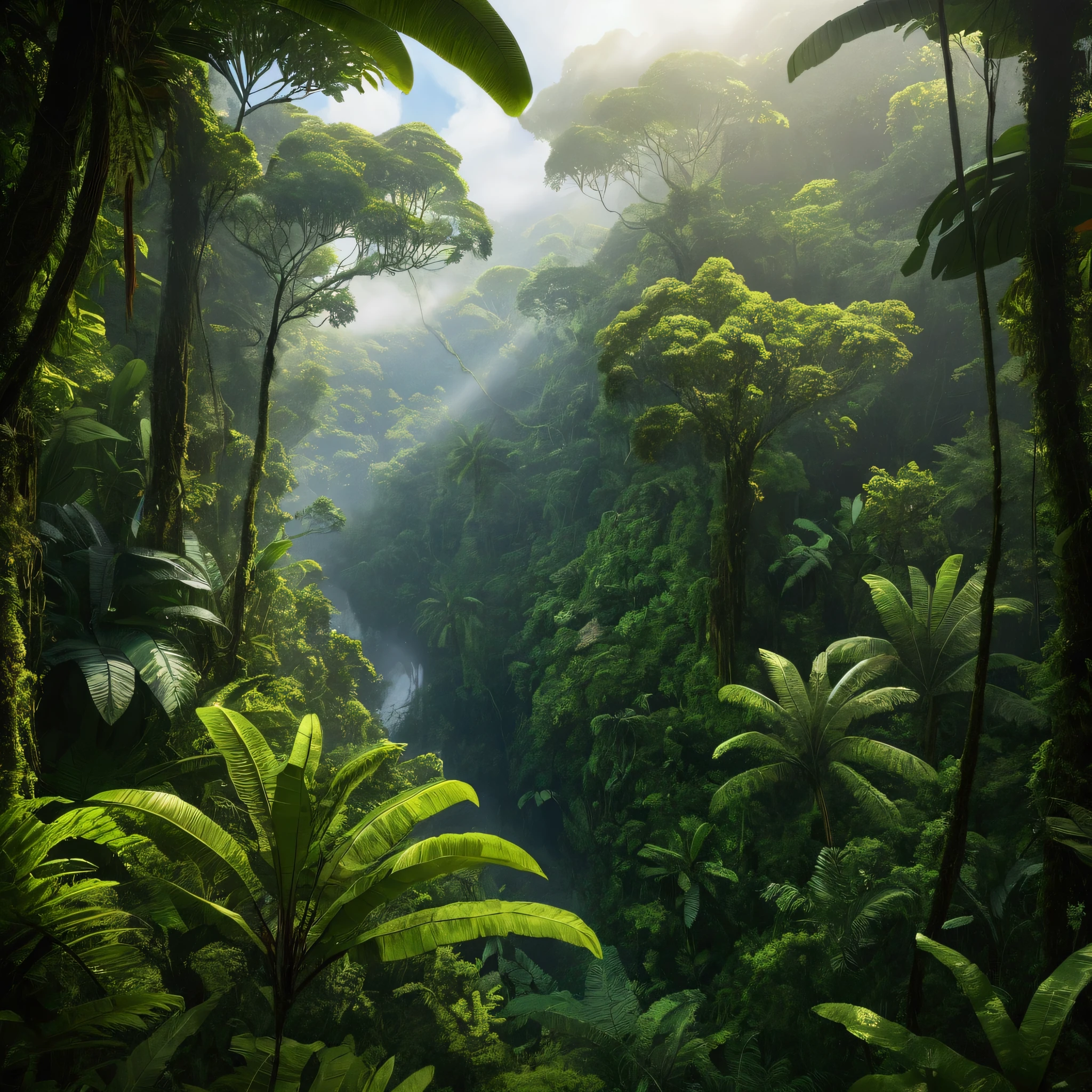 a lush tropical rainforest in indonesia, dense foliage, sunlight filtering through the canopy, exotic flora and fauna, serene atmosphere, stunning landscape, mist and fog, natural beauty, vibrant colors, photorealistic, 8k, ultra-detailed, highly realistic, dramatic lighting, cinematic composition, award-winning digital art