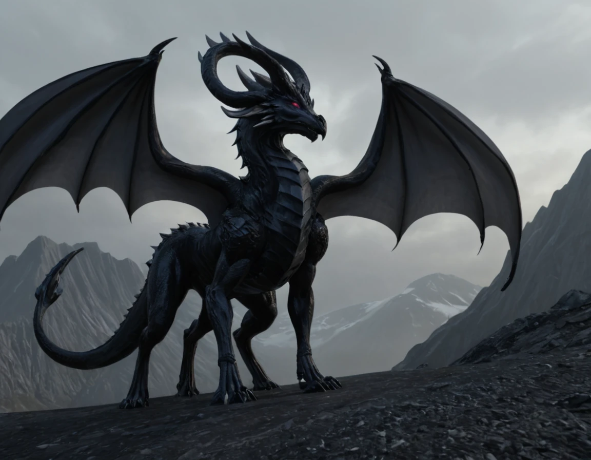 full body portrait of a realistic female obsidian dragon, ral-opal wings, huge, long body, wings, many horns, horns, antlers, twisting horns, curled horns, wolf shaped head, white eyes, mysterious mountain scenery, full body, cinematic, render, 8k, unreal engine, realistic, masterpiece, high detail, full body, low life, extremely intricate, extreme detail, volumetric lighting
