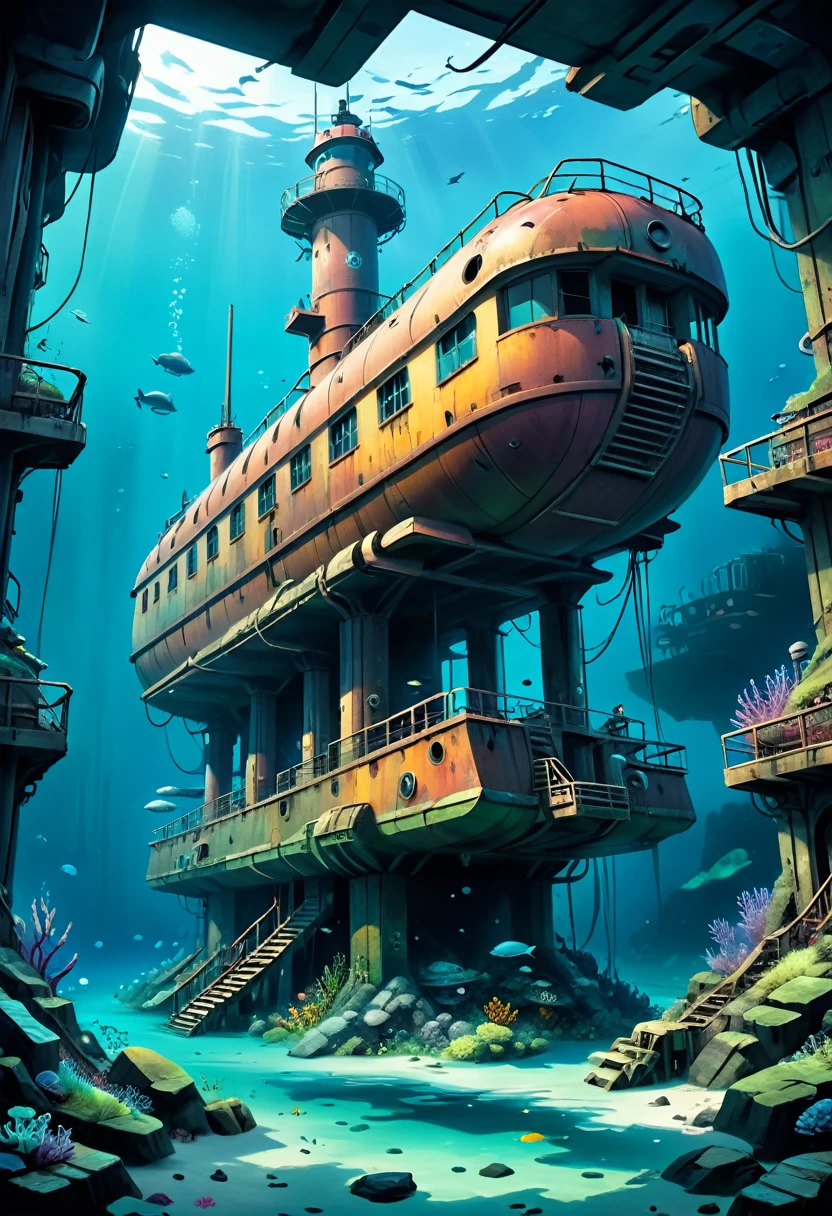 Hyper-realistic digital painting of a post-apocalyptic underwater refuge, where survivors of a global catastrophe have created a safe haven. The structures are made from repurposed materials, such as sunken ships and submarines, and are fortified against the ocean's pressures. The inhabitants have adapted to their new environment, using advanced technology to cultivate food and generate energy. The scene is both somber and hopeful, with remnants of the old world blending with new life. Cinematic composition, trending on ArtStation.