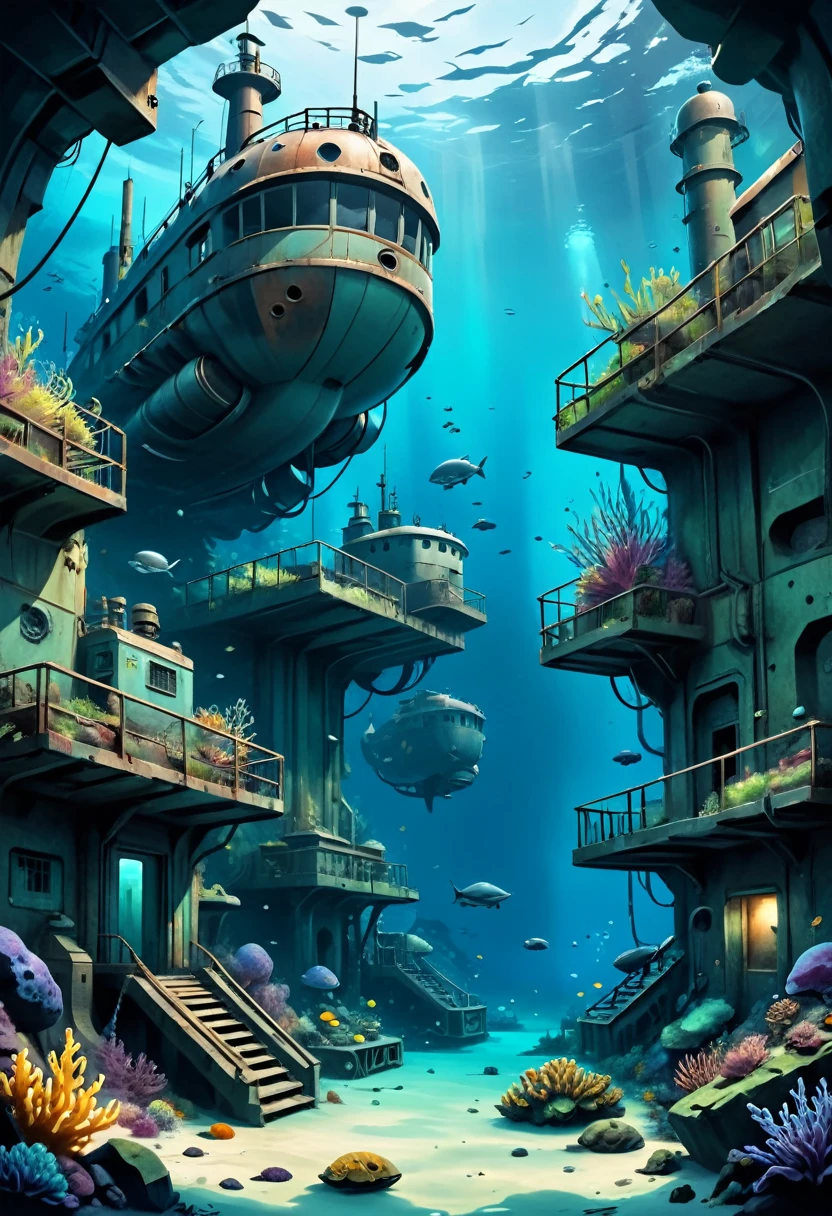 Hyper-realistic digital painting of a post-apocalyptic underwater refuge, where survivors of a global catastrophe have created a safe haven. The structures are made from repurposed materials, such as sunken ships and submarines, and are fortified against the ocean's pressures. The inhabitants have adapted to their new environment, using advanced technology to cultivate food and generate energy. The scene is both somber and hopeful, with remnants of the old world blending with new life. Cinematic composition, trending on ArtStation.