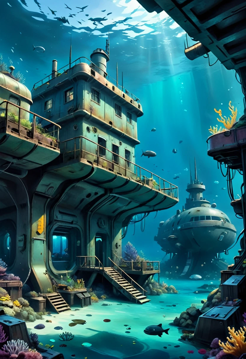 Hyper-realistic digital painting of a post-apocalyptic underwater refuge, where survivors of a global catastrophe have created a safe haven. The structures are made from repurposed materials, such as sunken ships and submarines, and are fortified against the ocean's pressures. The inhabitants have adapted to their new environment, using advanced technology to cultivate food and generate energy. The scene is both somber and hopeful, with remnants of the old world blending with new life. Cinematic composition, trending on ArtStation.