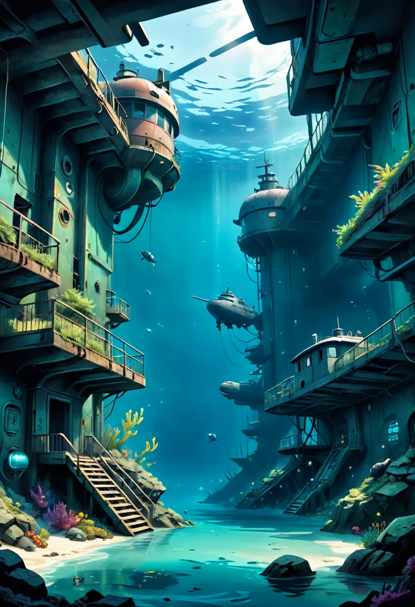 Hyper-realistic digital painting of a post-apocalyptic underwater refuge, where survivors of a global catastrophe have created a safe haven. The structures are made from repurposed materials, such as sunken ships and submarines, and are fortified against the ocean's pressures. The inhabitants have adapted to their new environment, using advanced technology to cultivate food and generate energy. The scene is both somber and hopeful, with remnants of the old world blending with new life. Cinematic composition, trending on ArtStation.