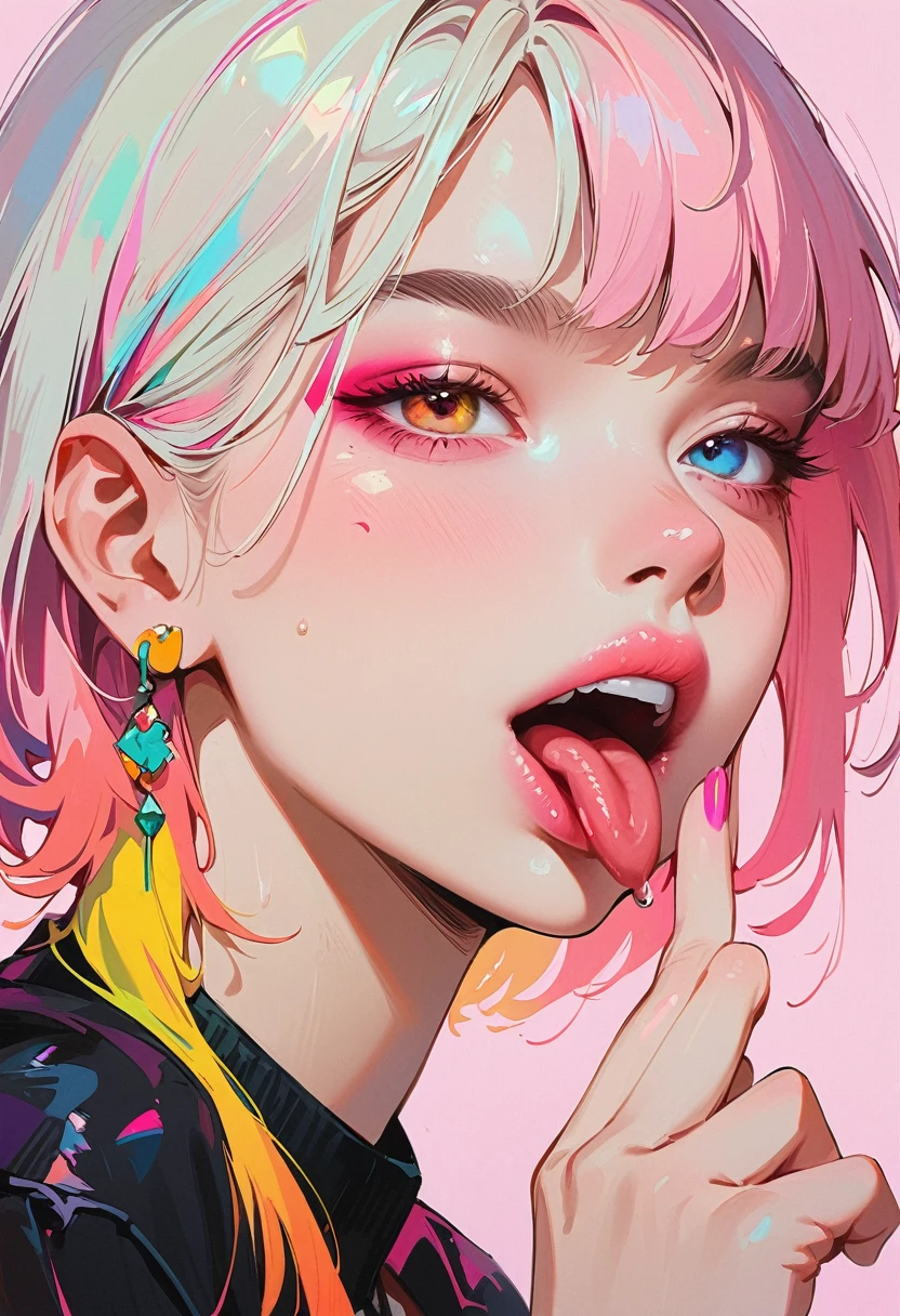 (masterpiece, best quality:1.2), 1 girl, 独奏, Anime style, Heterochromia, Grinning, lips pink, Stick out your tongue, Cyberpunk style makeup, Different color short hair, Long bangs on one side, Purple and pink background.