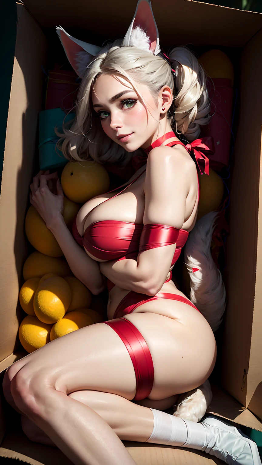 Tia is shown to have a fairly slender figure. She has white-grey hair , ((dog ears, furry tail))she has short hair and large pale green eyes,(Top Quality, High Resolution, 8K, Masterpiece: 1.2), (Realistic, Photorealistic: 1.3),High Refractive Index:1.2, Film Grain, Blurry Bokeh:1.2, Lens Flare, 1 Girl, (Vibrant Color:1.2), (Delicate), (Scary, Teary, Surprised)))), ((Girl lying in a box, Rounded hair, Girl in a Box)), (Curled up, from the side, from above, tied arms, back arms), short twin tails, pigtails, hair accessories, (gift box girl), full body, bondage, in the box, bandage, present, ribbon, look at the viewer, blush, toy, chest, hair, christmas, gift box, tied wrists, ribbon bondage, heavy cream, cleavage exposed, big breasts, superior quality, many details, Puri focus Sharp and realistic, erotic smile,((laying inside a box))