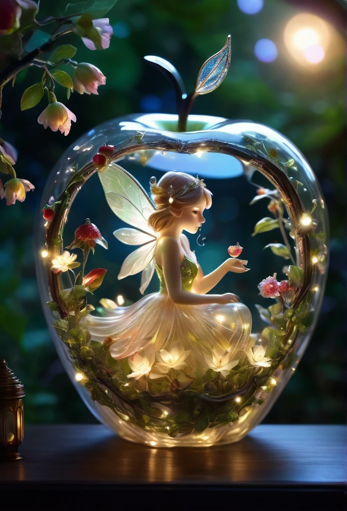 (( Beautiful fairy))inside apple shaped glass,transparent,flowers,lights,night,forest,,hyper detailed,highest quality,delicate,surprising beauty,mystical setting