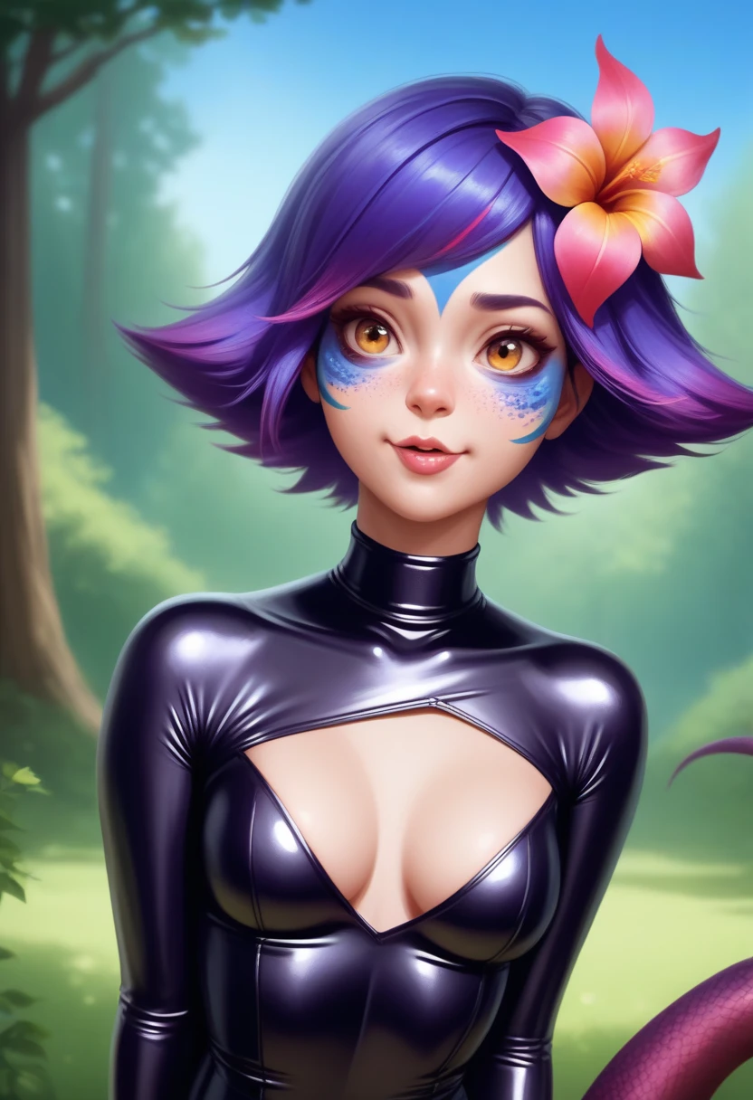 work of art, best qualityer, 1 girl, (realisitic:0.2) Neeko, colored fur, multicolored hair, hair ornament, hair flower, necklase, tummy, lizard tail, facial mark, trunk, woods, looking ahead at viewer, blue sky, incredibly tight outfit, very small clothes, tiny outfit, latex clothing, latex bodycon dress, sexly, orgasm face, :3, realistic latex,