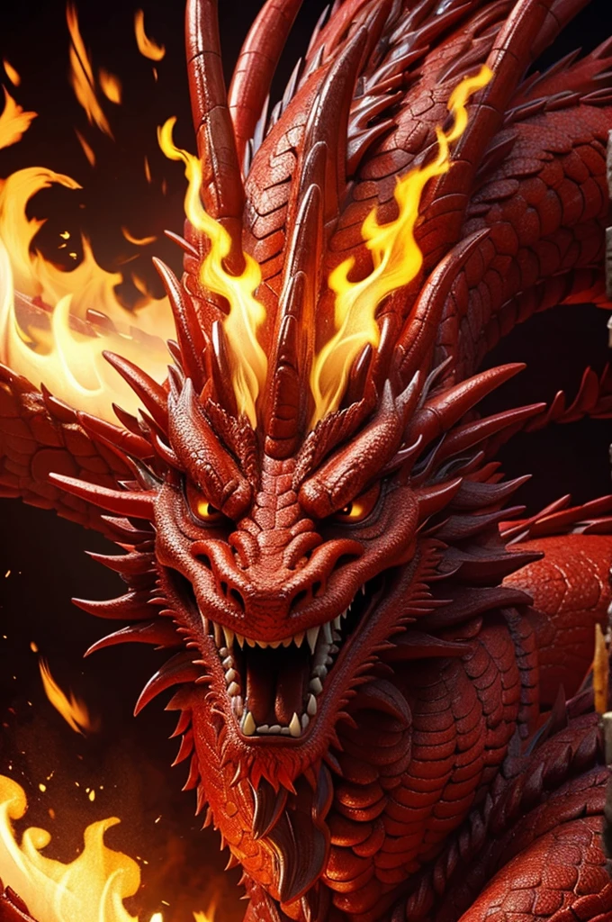 Dragon made of pure fire turned slightly to the right, made of pure fire, facing slightly to the right, close up, red dragon, dragon extremely close to the viewer, open mouth,