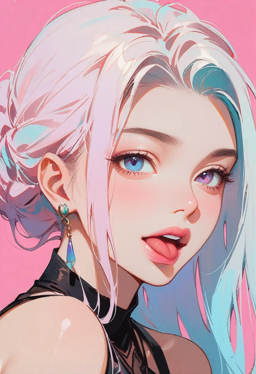 (masterpiece, best quality:1.2), 1 girl, 独奏, Anime style, Heterochromia, Laughing, lips pink, Stick out your tongue, Cyberpunk style makeup, Different color double ponytail hairstyle, Long bangs on one side, Purple and pink background.
