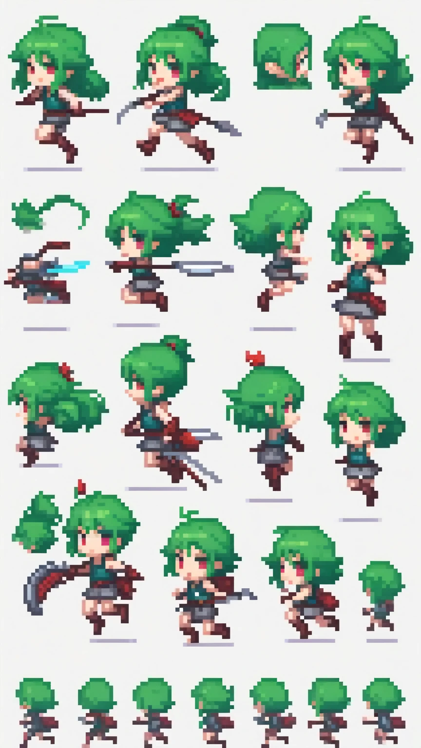 Create a sprite sheet of character animation with movement frames, running, Jumping