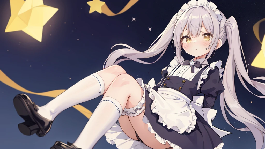 One girl、Sparkling \(Serious: Star Rail\)、Twin tails、solo、Maid、Maidの頭飾り、Maidのエプロン、Knee socks、See who&#39;s watching、High heels、(Hold down the skirt、bow: 1.2)、bar \(place\)、indoor、Depth of written boundary、Out of breath、Ecstasy、A seductive smile、masterpiece