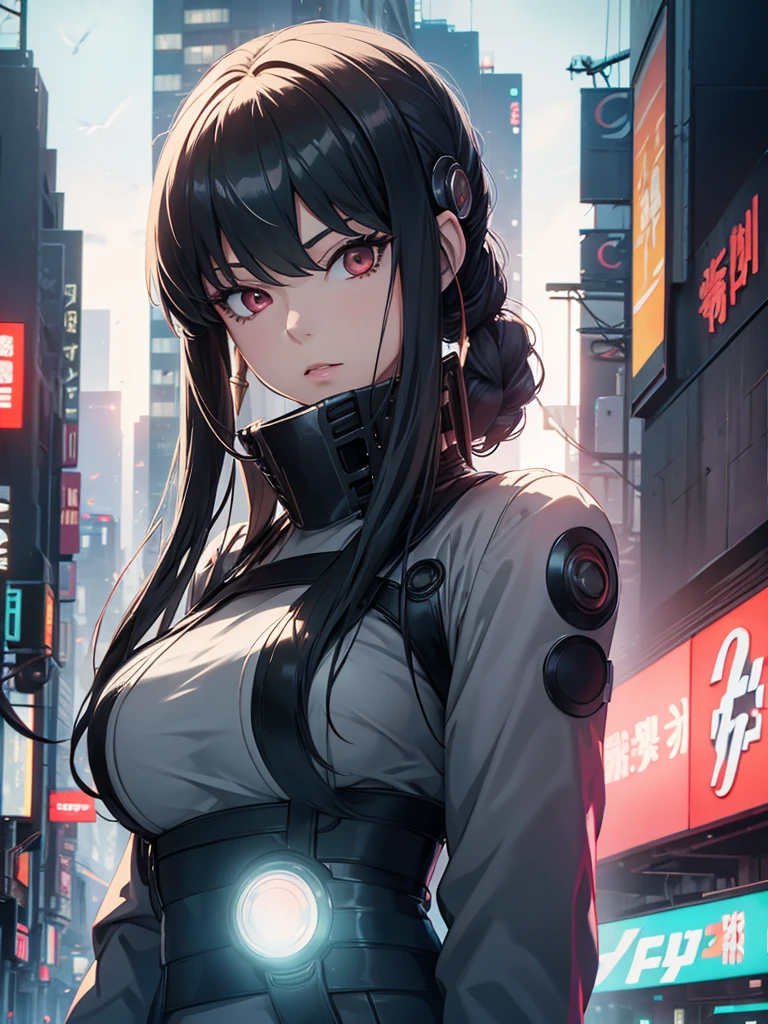 Yor foger form spy x family anime, 1woman, wearing a futuristic cyberpunk outfit, at future city, yor's hair style, 8k, high detailed, high quality