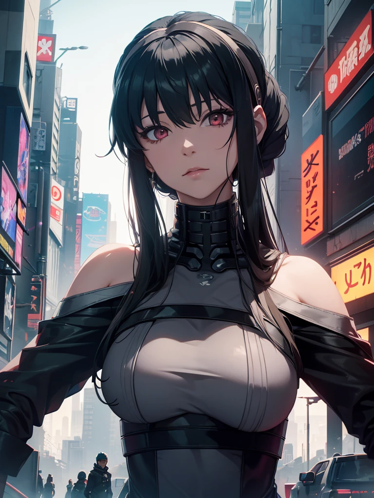 Yor foger form spy x family anime, 1woman, wearing a futuristic cyberpunk outfit, at future city, yor's hair style, 8k, high detailed, high quality