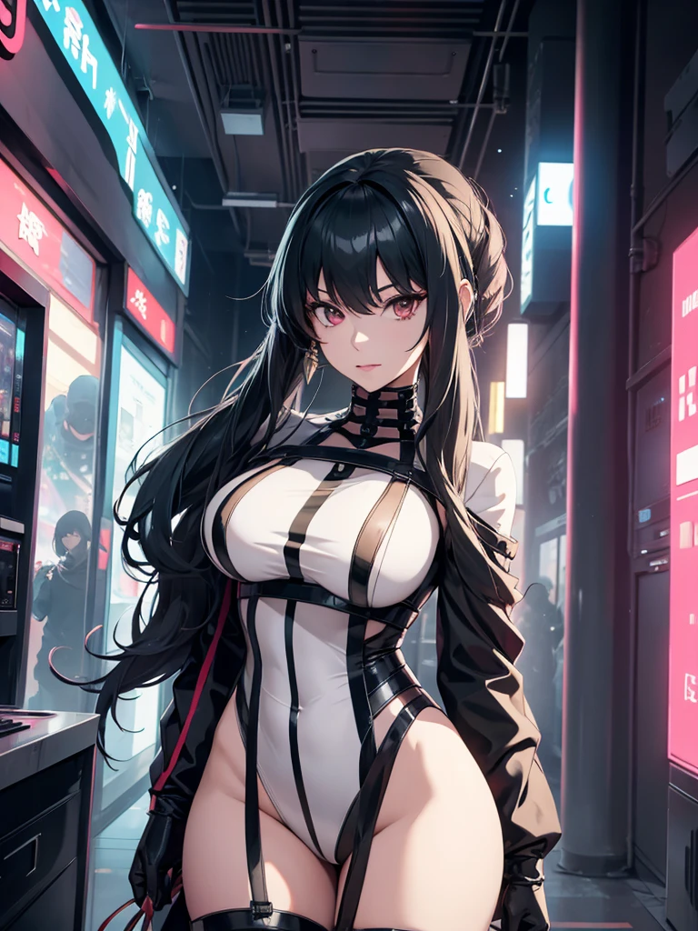Yor foger form spy x family anime, 1woman, wearing a futuristic cyberpunk outfit, at future city, yor's hair style, 8k, high detailed, high quality