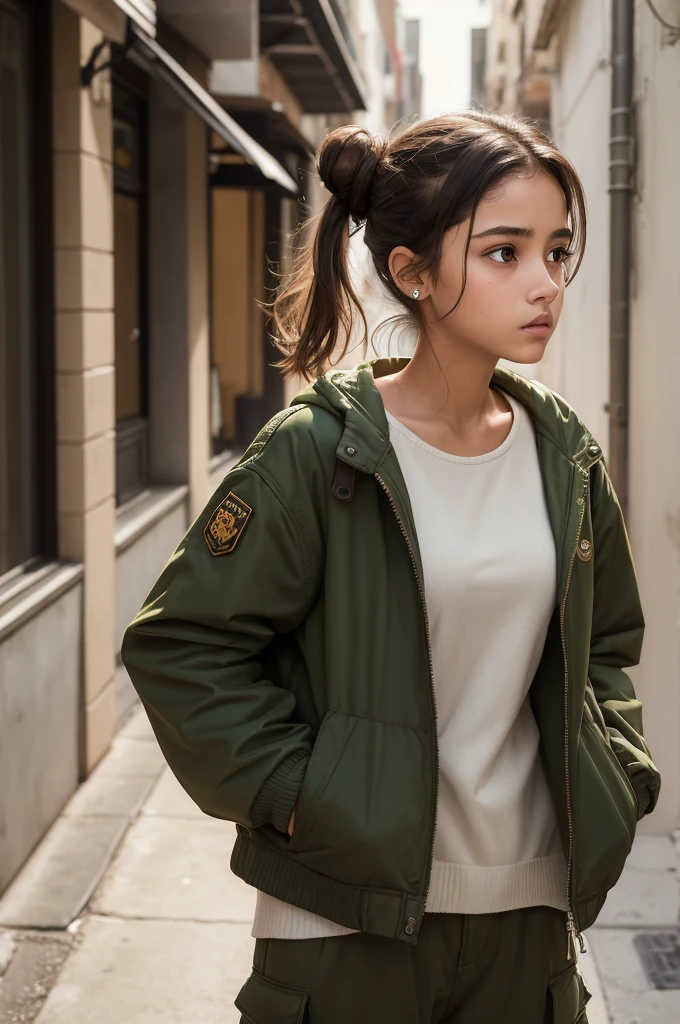 ((best quality)), ((masterpiece)), (detaile), A age girl with brown hair that reaches just above her shoulders | brown eyes with almond shapes, She is Latina and has tanned skin | his clothes are typical of clothes worn by young people in dystopian universes, a dirty and slightly torn jacket; a pair of green cargo pants too suha| She wears half of her hair in a low bun and the other large half is loose at the back of her neck.. She is tired, with a neutral expression looking towards something like fire. She's in a helicopter and it's very windy.