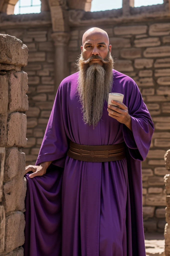 Bald slim biblical prophet with violet beard dressed in robe watching the church of La Colonia Tovar 