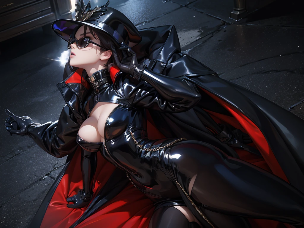 ((Super realistic details)) Shadow、octan render、8K、ultrasharp、Steampunk Body、Details of complex ornaments、cold color、Gothloli details、highly intricate detail、Realistic light、CGSoation Trends, radiant eyes featuring a stylish and confident evil queen, she has an arrogant look .modern fashion. dressed in bold and fashionable all shiny outfits, showcasing a unique combination of elegance and strength. attire includes sleek, form-fitting dressed and bodysuit made of shiny materials, paired with oversize long latex coat that have (((dramatic high collar of coat))), (((high collar of coat))) (((very high and wide collar of coat))) and intricate patterns. The colors and designs vary, featuring a long coat with patterned latex coat. outfit is accentuated with latex boots and latex gloves, sunglasses, emphasizing her commanding and poised presence. Highlight her modern, daring fashion sense and her ability to dominate any space with her fashionable and assertive demeanor, sexy pose kiss with her slave, Leg spread, on throne in palace. Surrounded by ????? men, kissing