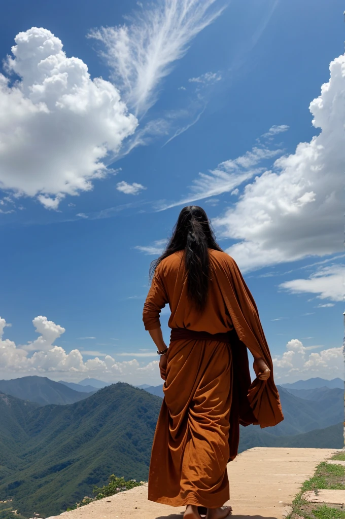 A very  huge lady left hand  coming from sky between clouds,..a sanyasi man with long hair walking towards that hand..welcoming him