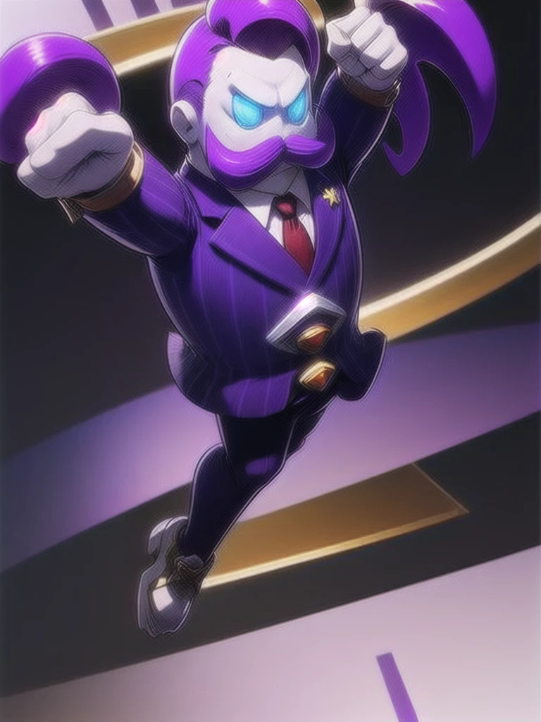  haltmann, purple hair, purple mustache, arms, wearing a dark blue suit with pink vertical lining, pink shirt, red tie, black shoes, gold suit button with a red diamond, pale purple gloves, pink cuffs, pale purple skin, blue eyes, golden earpiece with antenna