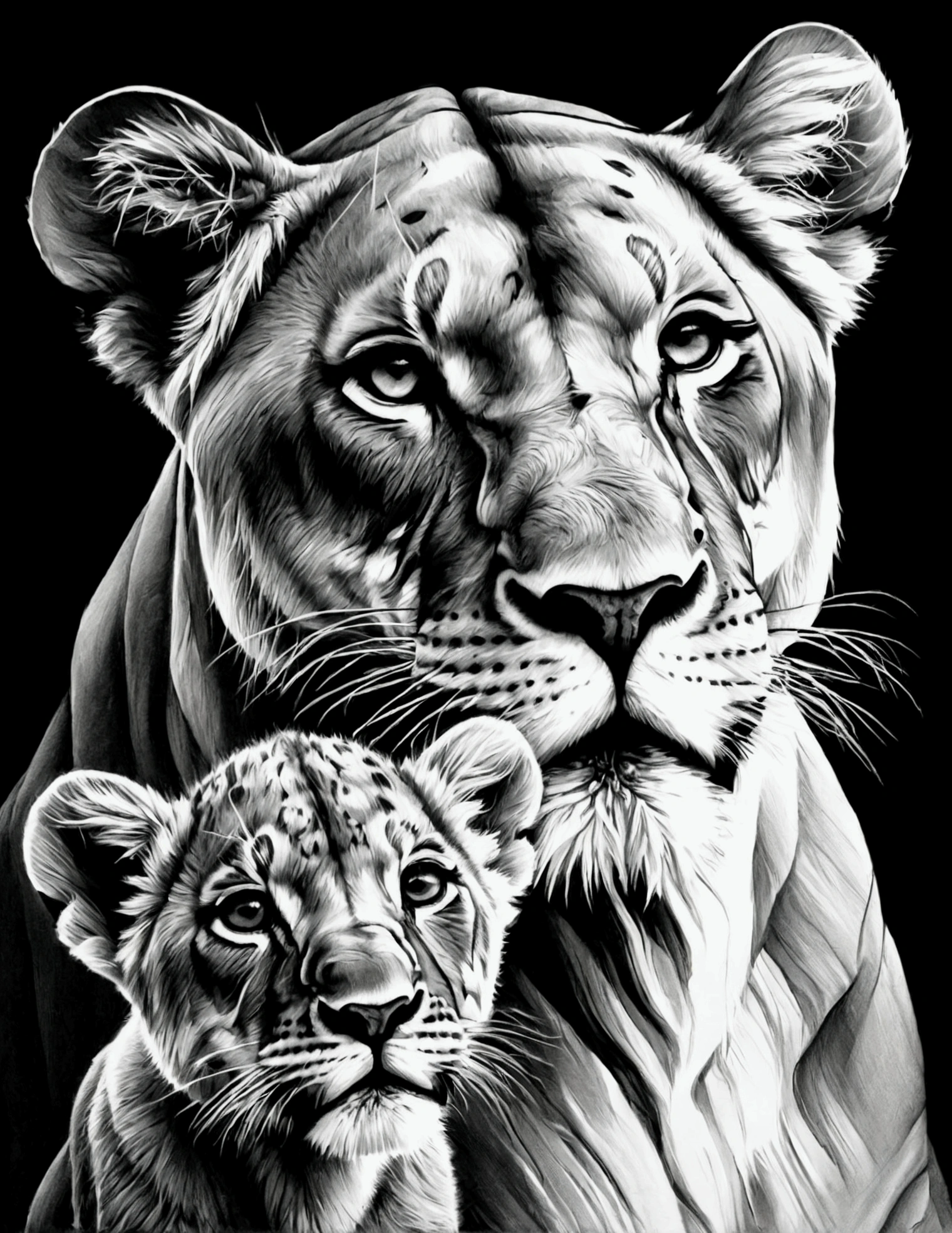 drawing of lioness and cub in black and white