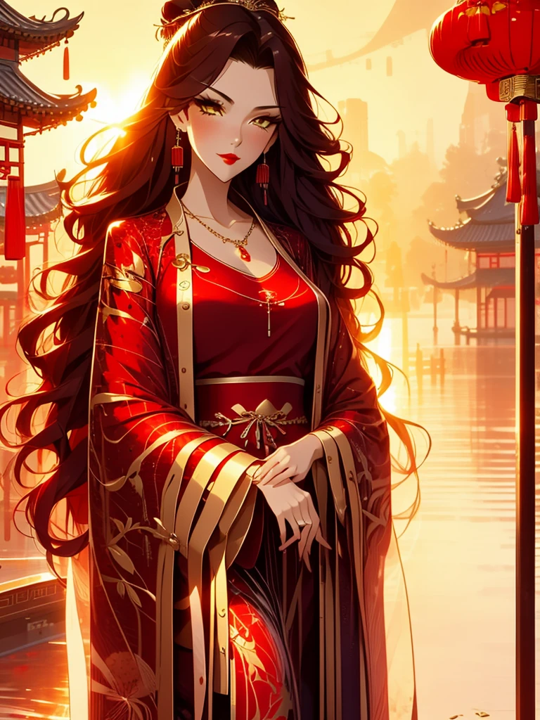 score_9, score_8_up, score_7_up, score_6_up, score_5_up, score_4_up, Xian Mei, golden eyes, red curly hair, tied hair, hair in a bun, hairpin, traditional Chinese red wedding hanfu dress, necklace, dangling earrings, long earrings, red lipstick, detailed eyes , traditional wear, sexy attractive, hot, traditional, smiling, happy, blushing, red veil,