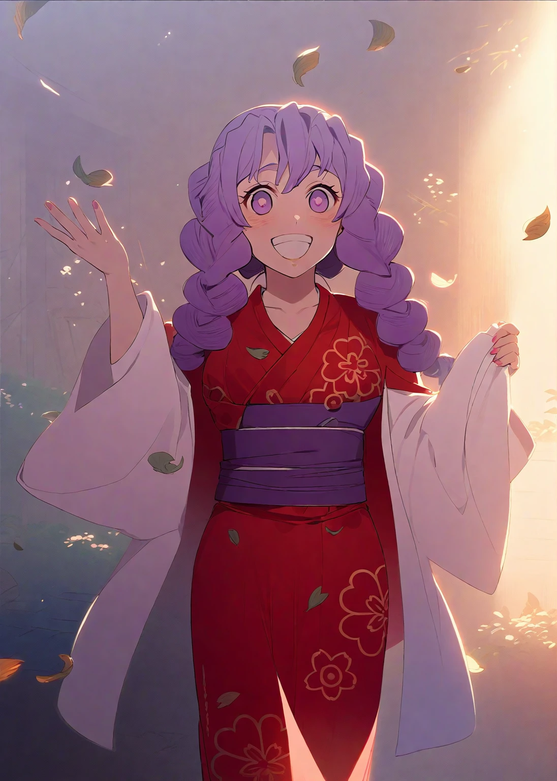 ( The most beautiful masterpiece , Beautiful light , woman ) Kanroji Mitsuri, Kimetsu no Yaiba , Single person pic , Light purple yukata , red coat