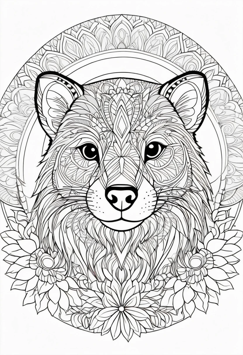 A striking black and white line art coloring page designed for adults with white background, featuring a majestic Tasmanian Devil in a mandala-inspired style. The Tasmanian Devil is adorned with intricate patterns that include floral and geometric designs, making it an engaging and detailed work of art. The illustration focuses on crisp, clean lines and bold outlines, without any shading or color, allowing the user to bring their own vibrancy to the piece. The minimalistic design, with its thick lines and absence of background details, creates a soothing coloring experience for adults seeking calming and creative activities. illustration