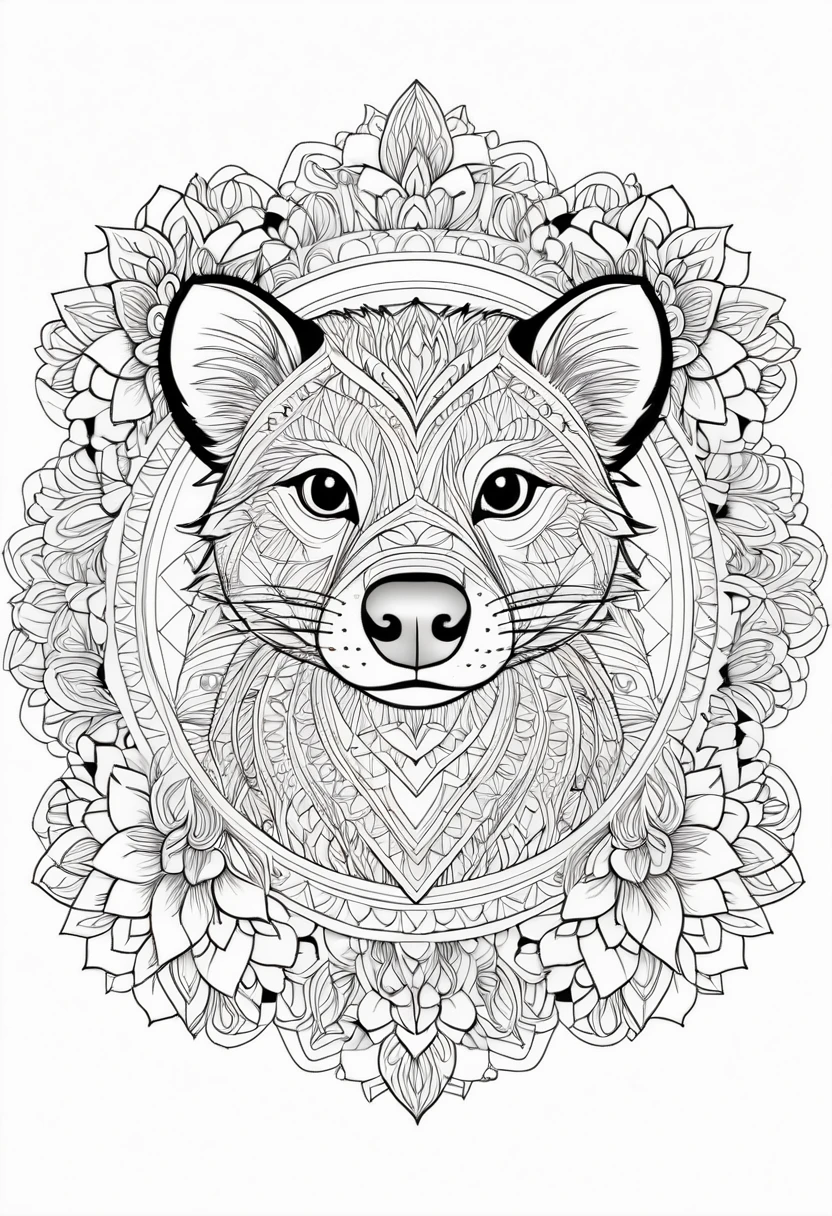 A striking black and white line art coloring page designed for adults with white background, featuring a majestic Tasmanian Devil in a mandala-inspired style. The Tasmanian Devil is adorned with intricate patterns that include floral and geometric designs, making it an engaging and detailed work of art. The illustration focuses on crisp, clean lines and bold outlines, without any shading or color, allowing the user to bring their own vibrancy to the piece. The minimalistic design, with its thick lines and absence of background details, creates a soothing coloring experience for adults seeking calming and creative activities. illustration