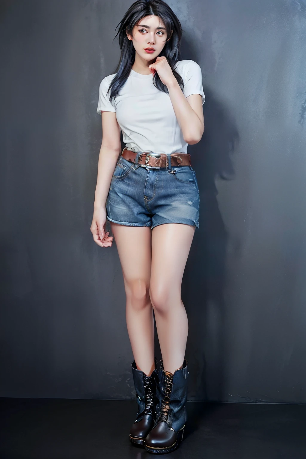 ((beauty eyebrows:1.4, large breast:1.4, beauty eyes:1.4,(((hand between legs:1.4))))),(((((tall:1.4,full body:1.4,standing:2)),((tight denim shorts:1.4, belt:1.4, leather ankle boots:1.4)),calf:1.4,ankle:1.4,knees together:1.4,sexy:1.4,(((((beauty face:1.4))))),belt:1.4,1girl:1.4,Mio Serizawa:1.4,blue long hair:1.2,tied shirt:1.2,earrings:1.2, navel:1.2))),((simple background:1.4)),(photo realist: 1.4), (hiper realist: 1.4), (realist: 1.3), (smoother lighting: 1.05), (Improve the quality of movie lighting: 0.9), 32K(increase the beauty of skin texture: 1.4, better quality, (beauty), (masterpiece:1.4), (Physically based rendering:1.4), (ultra high resolution:1.4), (best quality:1.4)