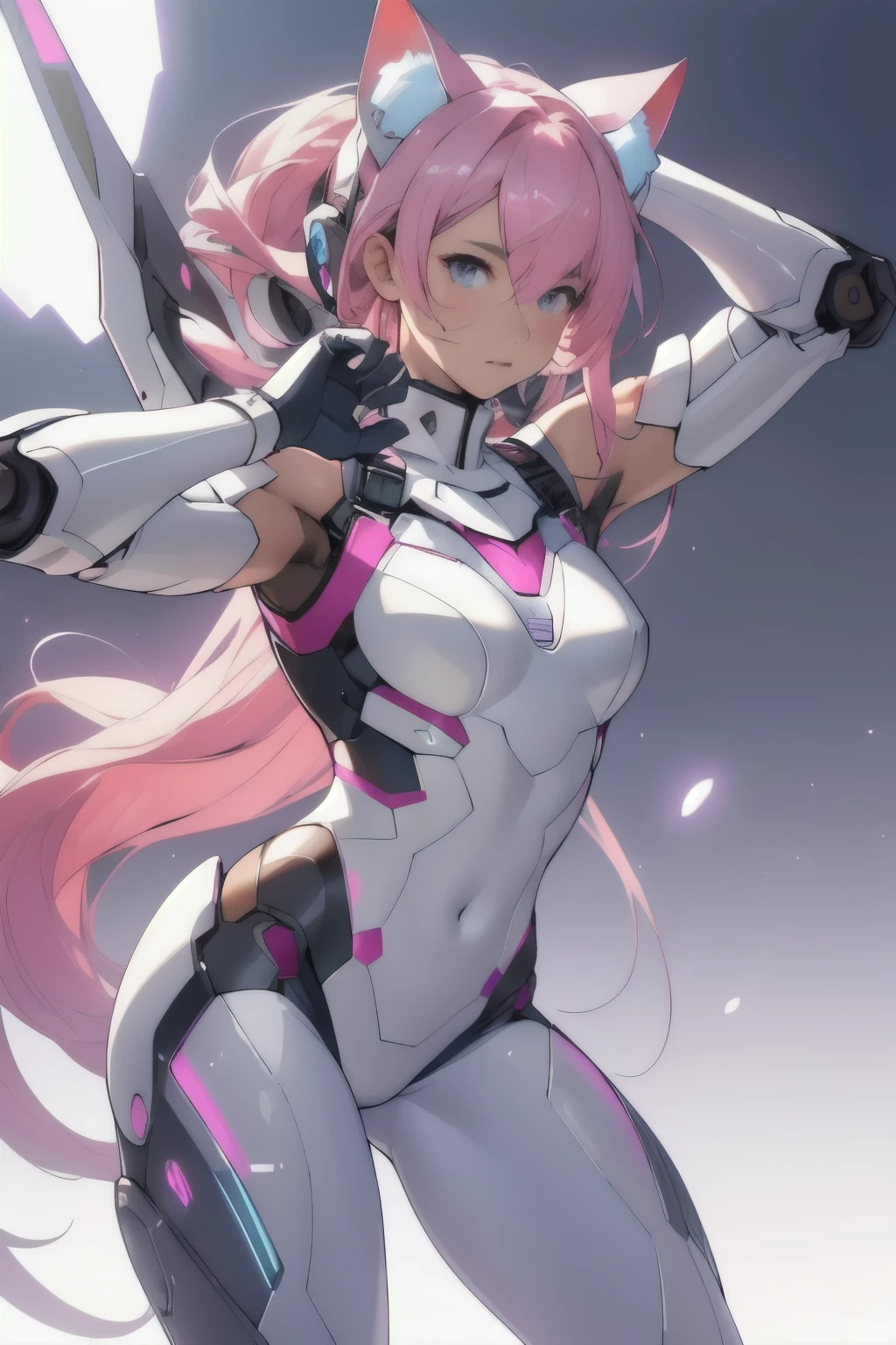 (Special quality:1.2), (Very detailed:1.2), (Very detailed face:1.2), (Very detailed eyes:1.2), (Very detailed body:1.2), (Very detailed weapons:1.2), cute innocent face，delicate face，detailed face, Japanese, the face of a very cute  girl, white skin, human torso, big man , human abdominal cavity, robot hips, Hips wearing robot armor, Robot Arm, human legs, แขนขามีเปลือกแข็งสีขาวมันวาวและมีpink jointเรืองแสง, Very beautiful and feminine, long hair pink hair, straight hair, , small breasts, Thw of division, Showing a white shiny armored abdomen., cyber cat ears, pink robot joints, pink joint,pink interior, Very stylish., Award-winning product design, White rubber tights, A shiny white metal breastplate openedglowing cleavage., white metal bnd the armor looks stylish., Illuminated trims, full body, Fly at a medium speed, wide angle, see feet, Eve, martial arts with bare hands,Don&#39;t take up arms., emits light waves, stand with legs spread, Cyber white leather booth shoes,Bird&#39;s-eye view, spaceship backdrop, cyber backdrop The armor on the epigastrium glows pink.