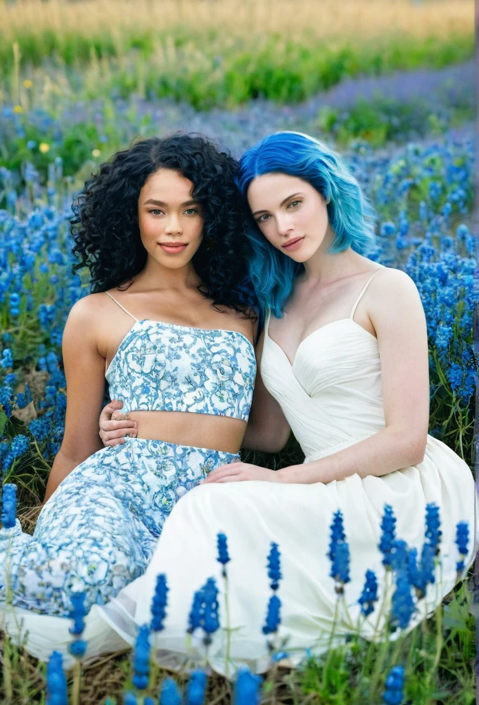 1 beautiful biracial women with blue hair with 1 beautiful white woman with dark hair in dress, lay in a field of blue flowers
