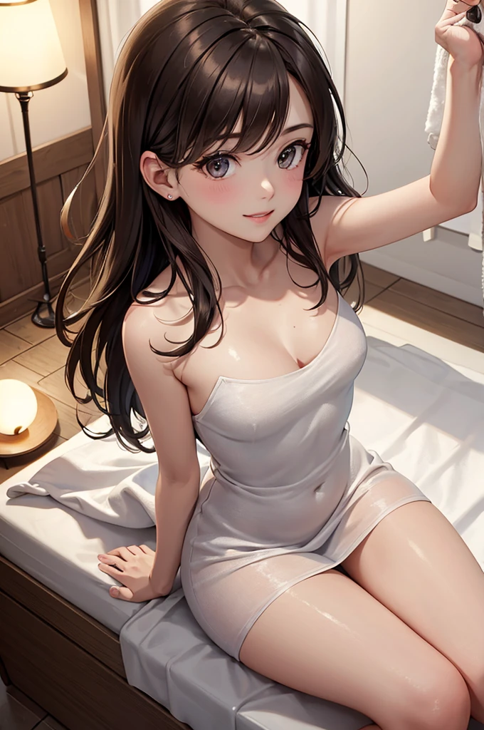 Best Quality,High resolution,8k,finelity detailed background,Masterpiece:1.2),beautiful girl,Shiny brown hair,asymmetrical hair,Brown eyes,Gentle look,A refreshing look,smile,Best quality,Best Quality,Aesthetic and aesthetic:1.2,Best details((Super detailed))(High-definition CG illustrations),fluffy towel dress,bath towel,Slender body,night,moon,Bedroom,On the bed,smile,blush,cute,Scrounge,Looking up,Being spoiled,super model,wariza,shoot from,above