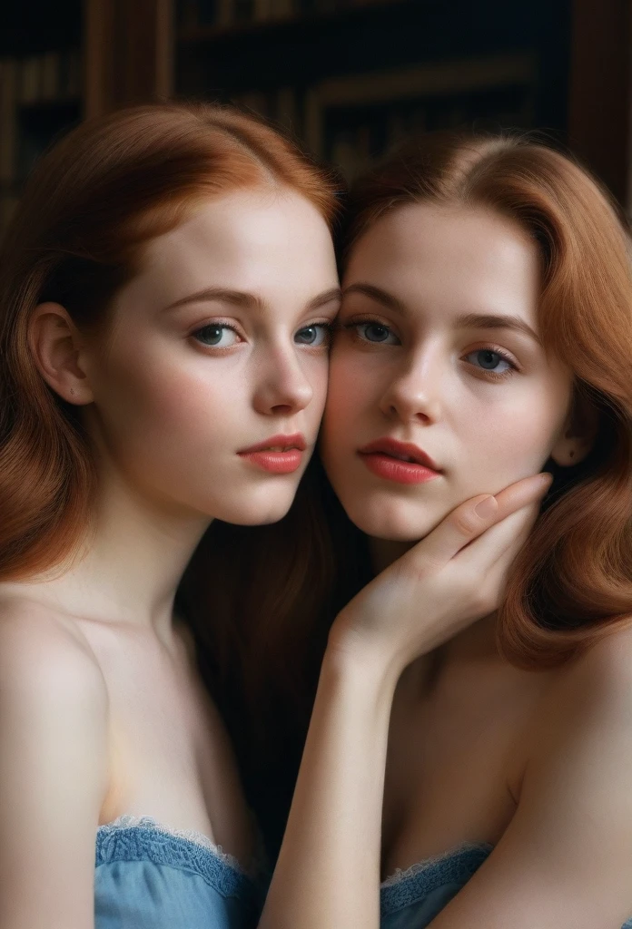 "two sisters embracing each other" A very young 16 year old girl poses on a quiet library. The girl has extremely detailed eyes, beautiful lips, long eyelashes and perfect anatomy. Her fragile skinny body and hands are worked out to the smallest detail, with realistic, photorealistic and the highest quality rendering. The lighting is Rembrandt-esque, creating a dramatic, masterpiece scene. She has a European appearance, with a cute oval face,long red hair and very small breasts. The woman poses in a retro style, Her pale skin shows pores and moles, and she is wearing a tight T-shirt and short shorts. half body shot. The scene was shot on a DSLR camera in 8K UHD resolution, with soft lighting and film grain. kissing,kiss,