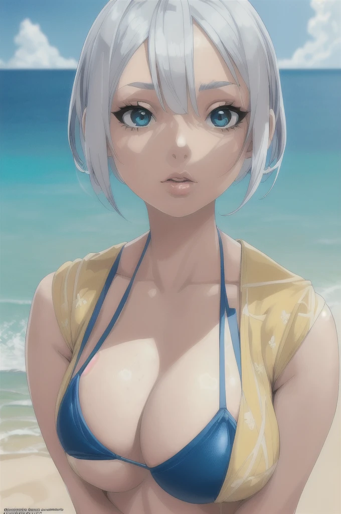 One Girl, Swimwear, blue Swimwear, (Platinum Hair, Double Bang:1), (Big Breasts:1.2), View your audience, Outdoor close-up, sand, Natural light, Beach, (masterpiece, 最high quality, employment, high quality, By professional artists, Very detailedな, Very detailed, Absurd, Incredible resolution:1.2), 