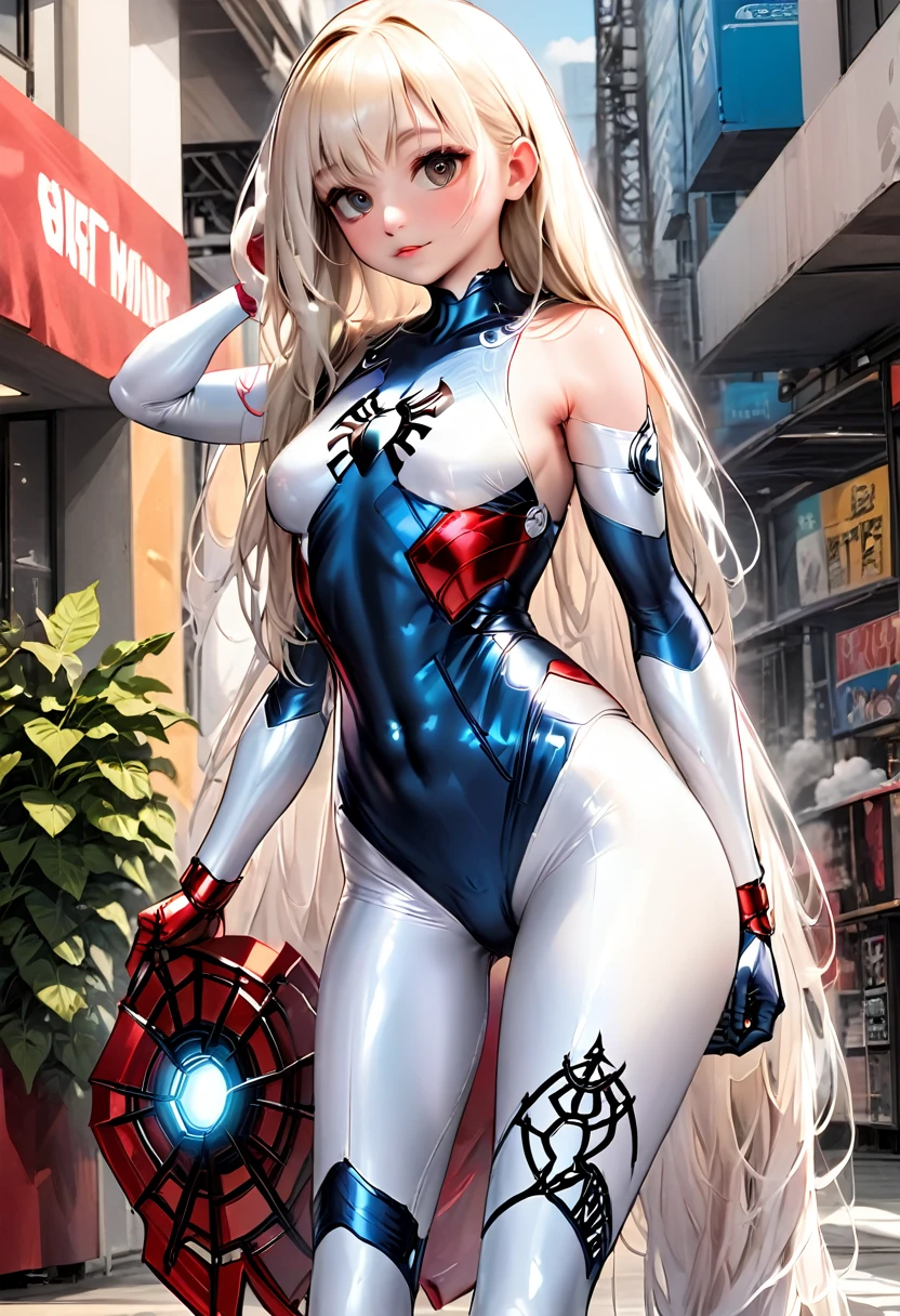 a beautiful detailed white iron man cosplay girl, 1 girl, extremely detailed face and eyes, long hair, big breasts, white skin, black spider man symbol in costume, 8k, best quality, high resolution, artwork prime, realistic, photo-realistic, studio lighting, vivid colors, hyper detailed, scenery that matches the details of the character..