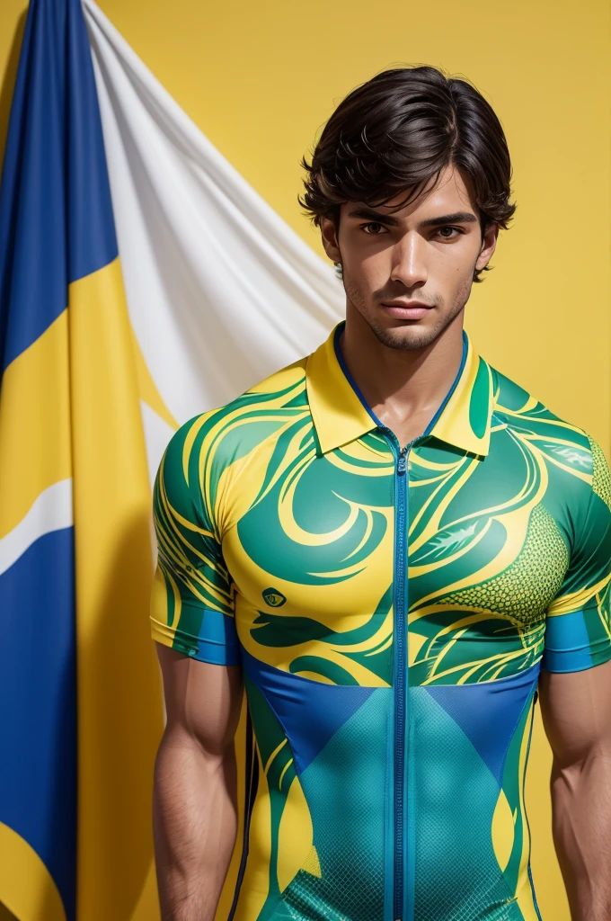Uniforms for Brazilian Olympic men athletes inspired by French haute couture brands and delicate prints of Brazilian birds reference. Using colors blue, green and yelow. Usados no hipismo e esgrima