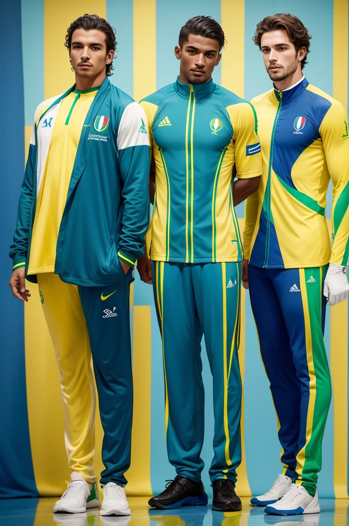 Uniforms for Brazilian Olympic men athletes inspired by French haute couture brands and delicate prints of Brazilian birds reference. Using colors blue, green and yelow. Usados no hipismo e esgrima 