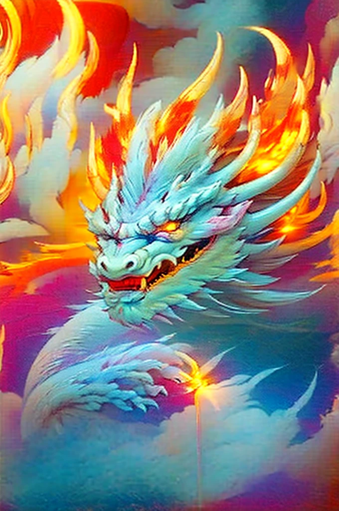 Dragon made of pure fire turned slightly to the right, made of pure fire, facing slightly to the right, close up, red dragon, dragon extremely close to the viewer, open mouth,