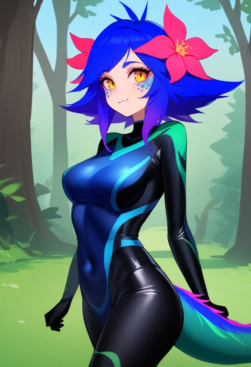 work of art, best qualityer, 1 girl, (realisitic:0.2) Neeko, colored fur, multicolored hair, hair ornament, hair flower, necklase, tummy, lizard tail, facial mark, trunk, woods, looking ahead at viewer, blue sky, incredibly tight outfit, very small clothes, tiny outfit, latex clothing, latex bodycon dress, sexly, orgasm face, :3