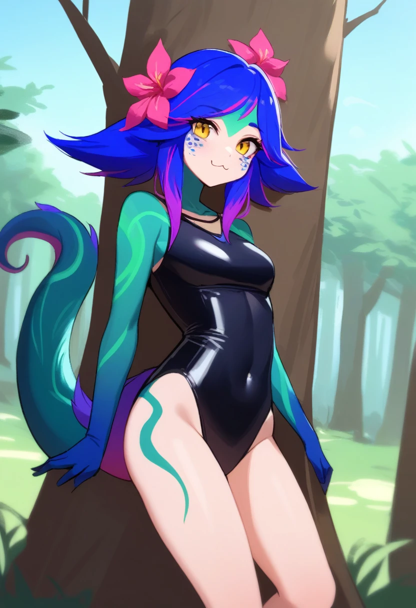 work of art, best qualityer, 1 girl, (realisitic:0.2) Neeko, colored fur, multicolored hair, hair ornament, hair flower, necklase, tummy, lizard tail, facial mark, trunk, woods, looking ahead at viewer, blue sky, incredibly tight outfit, very small clothes, tiny outfit, latex clothing, latex bodycon dress, sexly, orgasm face, :3