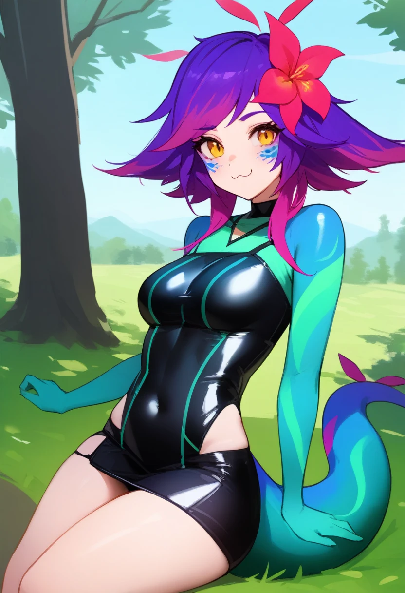 work of art, best qualityer, 1 girl, (realisitic:0.2) Neeko, colored fur, multicolored hair, hair ornament, hair flower, necklase, tummy, lizard tail, facial mark, trunk, woods, looking ahead at viewer, blue sky, incredibly tight outfit, very small clothes, tiny outfit, latex clothing, latex bodycon dress, sexly, orgasm face, :3