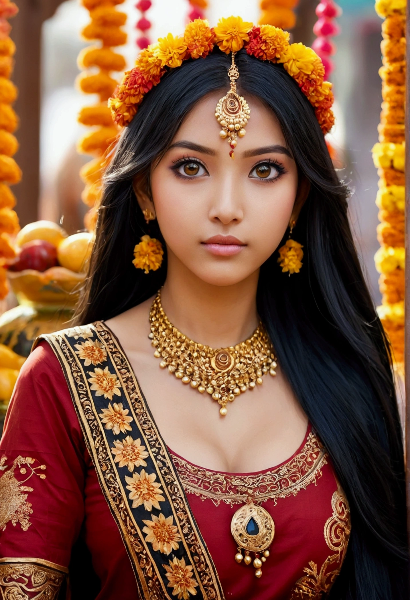 (anime,realistic:1.2),[Asian woman],[beautiful detailed eyes],[beautiful detailed lips],[big breasts],[long black hair],[traditional Indian clothing],[vibrant colors],[ornate jewelry],[flower garland],[henna tattoos],[busy market scene],[spices and fabrics in the background],[golden sunset],[rich cultural atmosphere],[soft warm lighting]