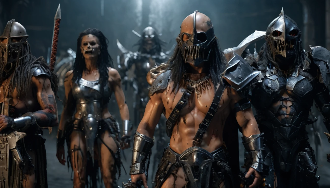 (3D rendering:3.1) in (medium full shot:3.1) of lot of characters from (metal hurlant magazine:3.1), inspired by style of Greg Rutkowski art, female warriors and barbarian warriors in battles with swords and shields in external battlefield, with fog., space creatures (with Creepy, Sci-Fi, Fantasy and Horror:2.9), directed by ridley scott (Cinematic:3.1), horror movie, horrified, terrified, insane, disgusting, disturbing, Impactful, cgsociety, hyper-detailed, digital illusions, cyberspace, photorealistic, arts visuals. Ultra detailed, RAW photo, artstation style, concept art, (masterpiece:2.9), 8k, realistic textures, (3D rendering:3.1)