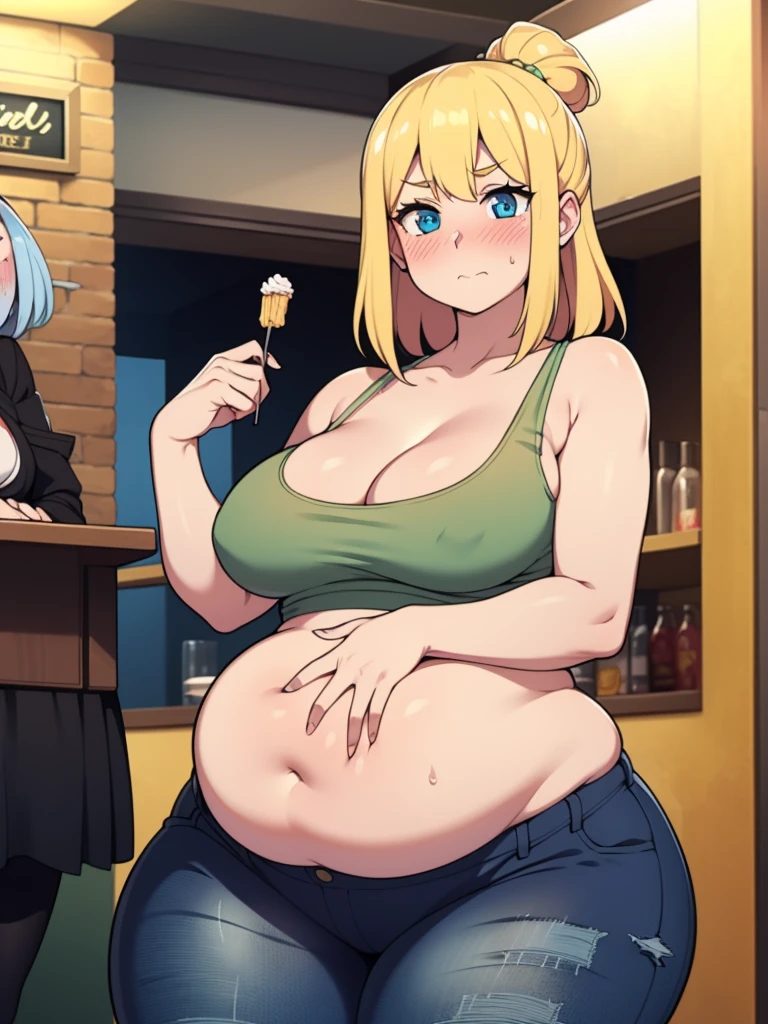 
((Masterpiece)), perfect anatomy, perfect shading, field of depth, (best quality), extremely delicate and beautiful, perfect lighting, detailed face, ultra cute face, cute, (2girls), 

long fluffy blonde hair, blue eyes, ((blush)), nervous, looking at viewer, tank top, jeans, cleavage, medium breasts, ((thick thighs)), (wide hips), chubby, 

short brown hair, green eyes, ((blush)), medium breasts, ((thick thighs)), (wide hips),

intricate background, detailed background, fast food restaurant, standing next to each other, belly grab
