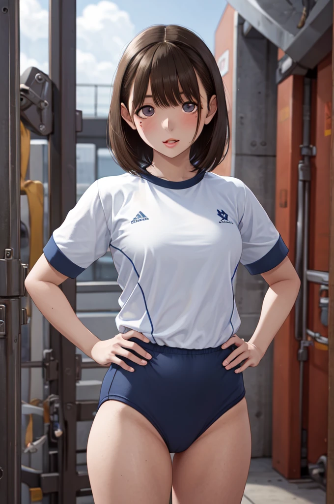 masterpiece, best quality, highres, aanene, short hair, buruma,gym uniform, standing, cowboy shot, outdoors, ahegao,nsfw,