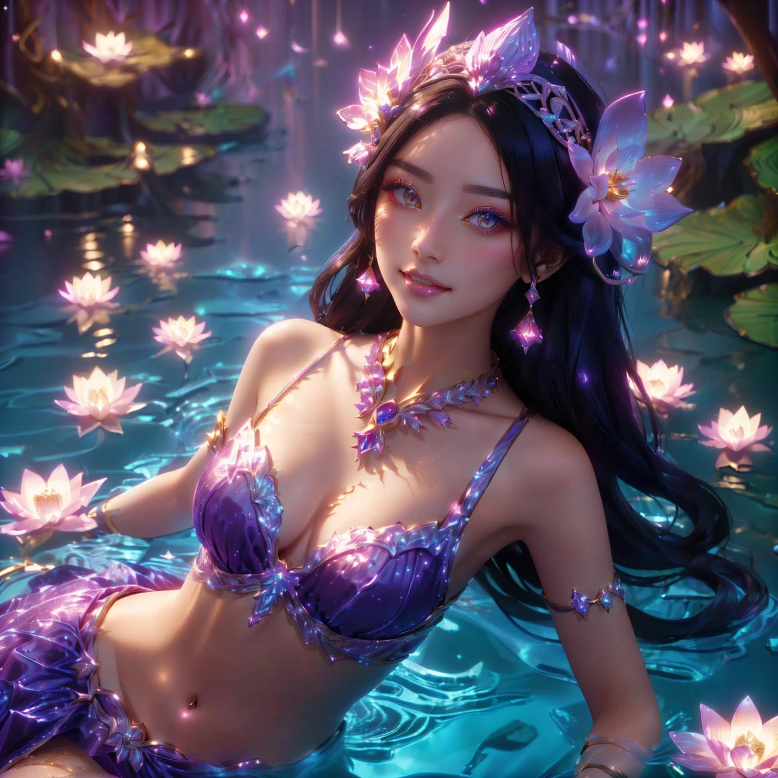woman , yellow eyes , Smile with sharp fangs , pink mouth ,Dressed in gold, standing in front of a crescent moon., goddess of heaven, goddess of the moon, anime goddess, beautiful heavenly mage, lunar goddess, Moon Goddess, Golden Lotus Princess, Goddess of the Galaxy, Beautiful Fantasy Empress, ((Beautiful Fantasy Empress)), Goddess and Moon, As the sun goddess,, Goddess of space and time , , Fine gold jewelry , pink diamond , pink dress ,
