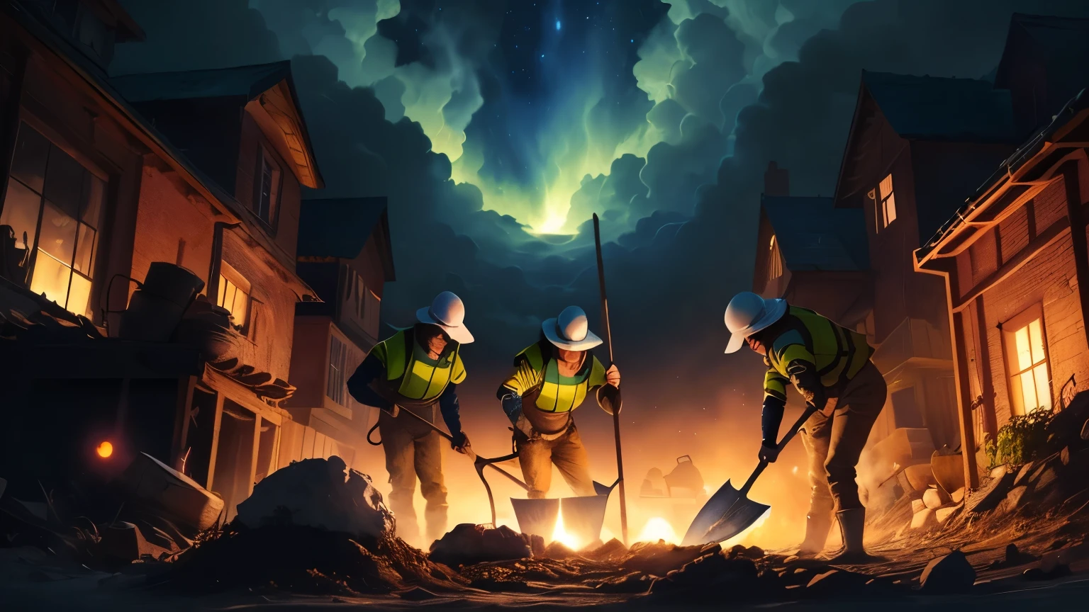 ((best quality)), ((masterpiece)), (detailed), A digital illustration of a group of people digging with shovels and pickaxes in a mysterious location with a glowing light in the background