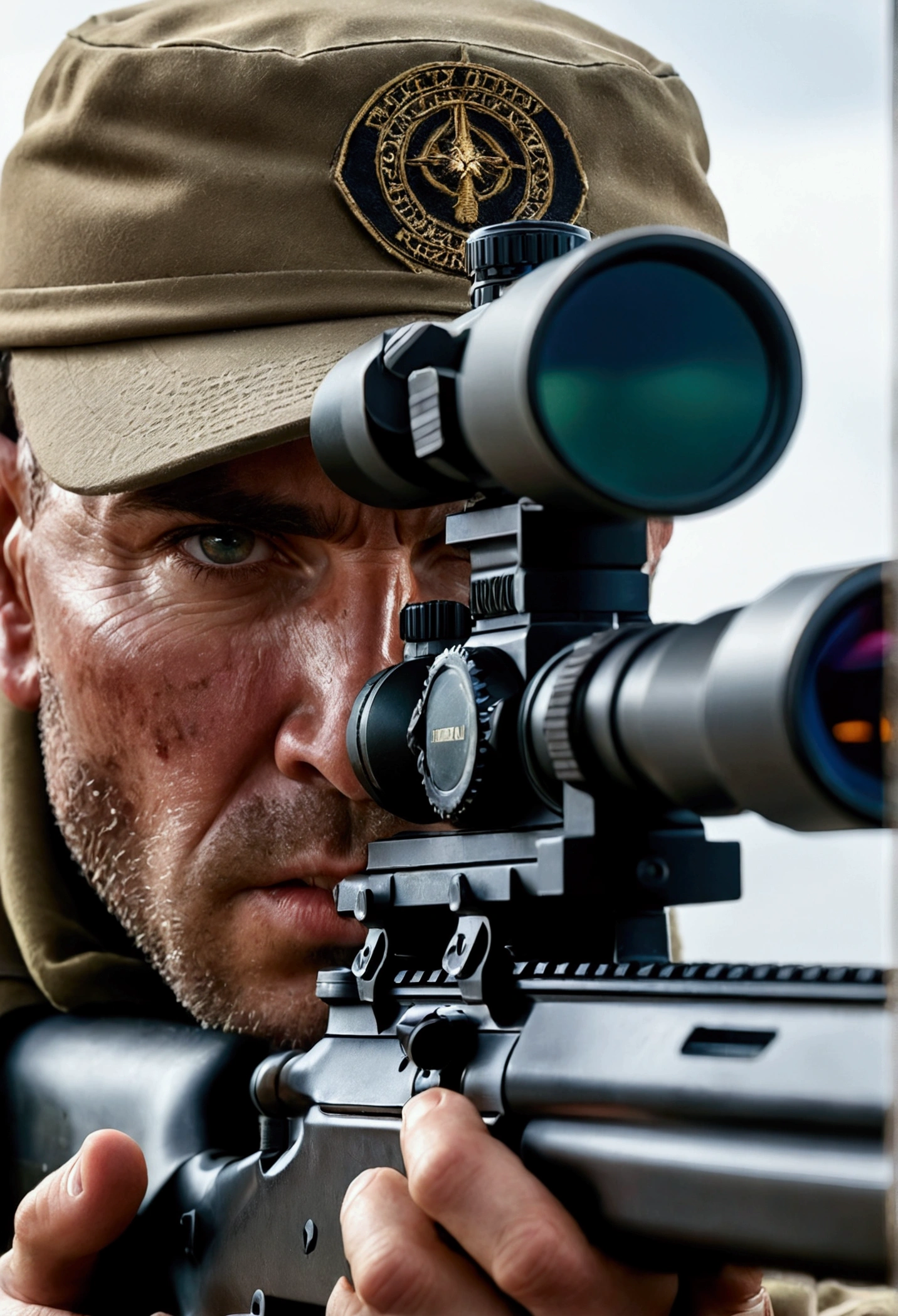 a highly detailed sniper shooting a rifle, extreme close-up, intense expression, sharp focus, realistic military gear, dramatic lighting, cinematic composition, photorealistic, 8k, HDR, intricate details, gritty war zone background, muzzle flash, powerful impact, adrenaline-filled moment, military precision