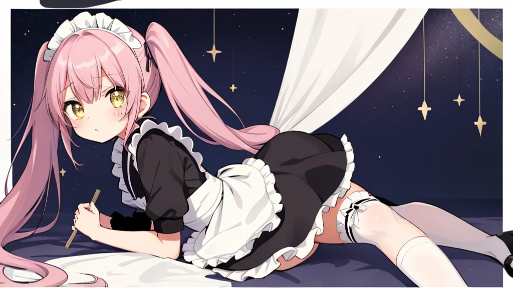 One girl、Sparkling \(Serious: Star Rail\)、Twin tails、solo、Maid、Maidの頭飾り、Maidのエプロン、Knee socks、See who's watching、High heels、(Hold down the skirt、bow: 1.2)、bar \(place\)、indoor、Depth of written boundary、Out of breath、Ecstasy、A seductive smile、masterpiece