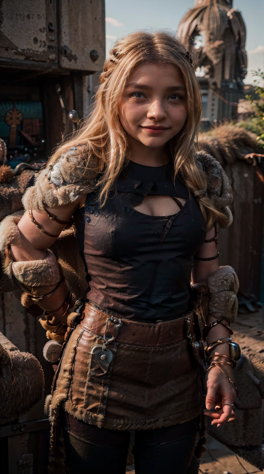 Masterpiece, Best quality,, (photorealistic1.4), (UHD), (epiCRealLife), (flashphoto), (blue eyes), (astrid_hofferson headband), (photorealistic1.4), (cleavage), (medium breasts), (red tank top) (Chloe Grace Moretz), (chl03gm), (Astrid Hofferson armor Costume), (astrid_Character outfit), (Astrid Armor) (AstridWaifu), ( (Medieval outdoor), (castle landscape), (night time), (on castle rooftop), , Chloe Grace Moretz smile